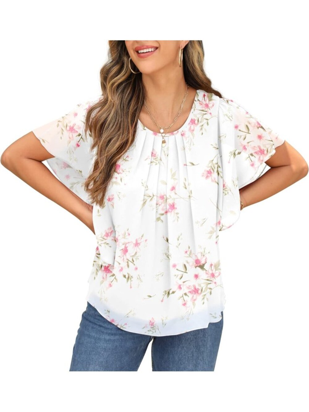 Women's Summer Casual Blouses Peach White Loose Round Neck Chiffon Flowy Tops - Picture 3 of 6